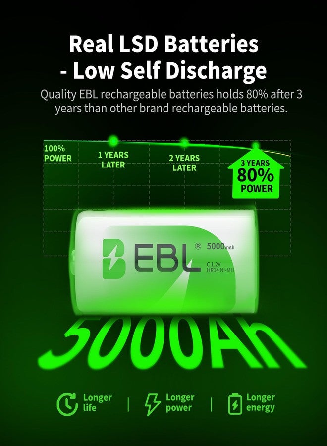 EBL C Cell Batteries 4-Pack 5,000mAh High Energy Rechargeable C Batteries - Image 2