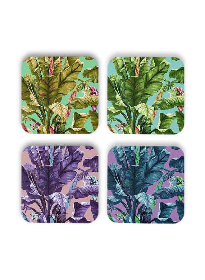 Tee Mafia Printed Banana 3 Leafs Tea Costers | MDF Wood Material Coaster | Home Décor (Set of 4) - Image 1