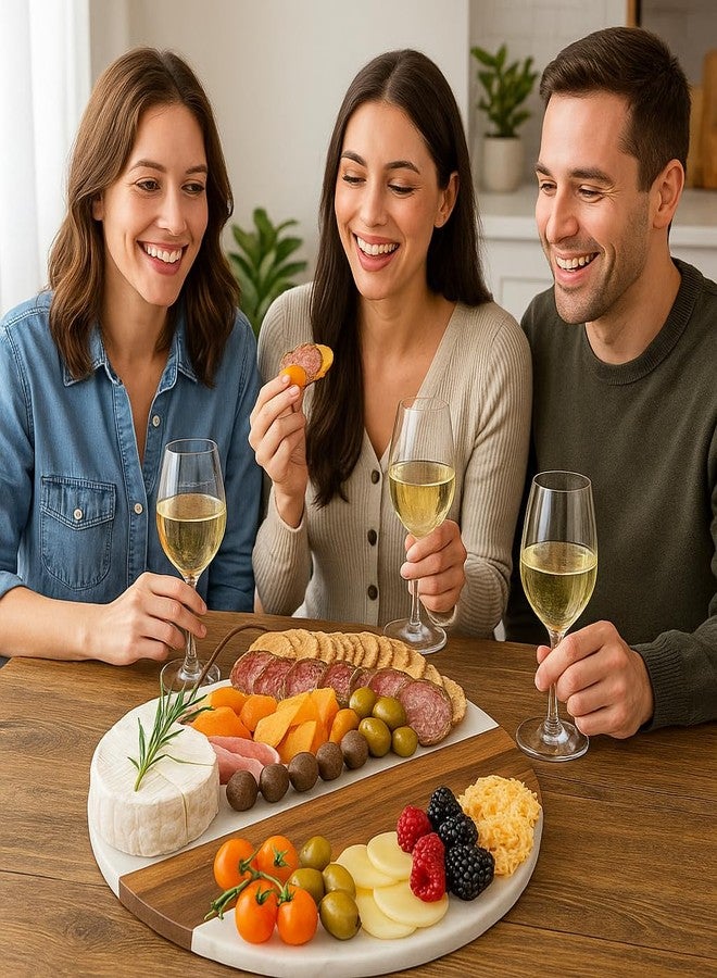 لوح جبن دائري من الرخام وخشب الأكاسيا - لوح تقطيع/صينية تقديم لحوم باردة من الرخام والخشب مقاس 12 بوصة، طقم هدايا دائري للجبن والخبز واللحوم وحفلات الانتقال إلى منزل جديد - Image 3