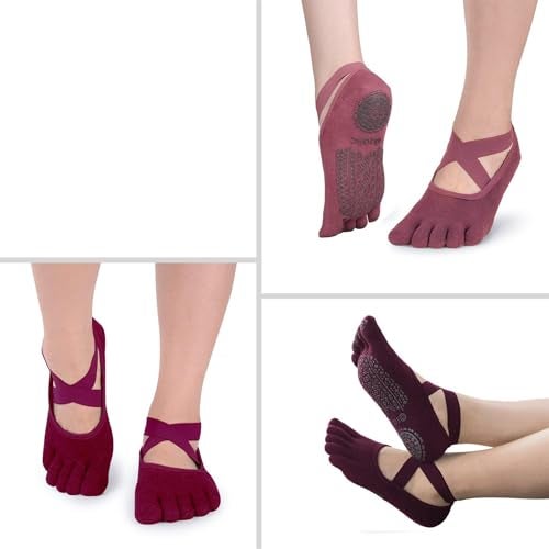 Ozaiic Yoga Socks for Women with Grips, Non-Slip Five Toe Socks for Pilates, Barre, Ballet, Fitness (3 Pairs-Purple/Rose Red/Bean Red, One Size (Women 5.5-11)) - Image 2