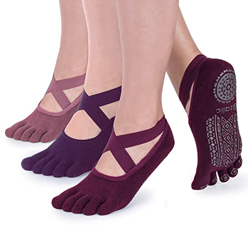 Ozaiic Yoga Socks for Women with Grips, Non-Slip Five Toe Socks for Pilates, Barre, Ballet, Fitness (3 Pairs-Purple/Rose Red/Bean Red, One Size (Women 5.5-11)) - Image 1