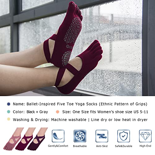 Ozaiic Yoga Socks for Women with Grips, Non-Slip Five Toe Socks for Pilates, Barre, Ballet, Fitness (3 Pairs-Purple/Rose Red/Bean Red, One Size (Women 5.5-11)) - Image 3