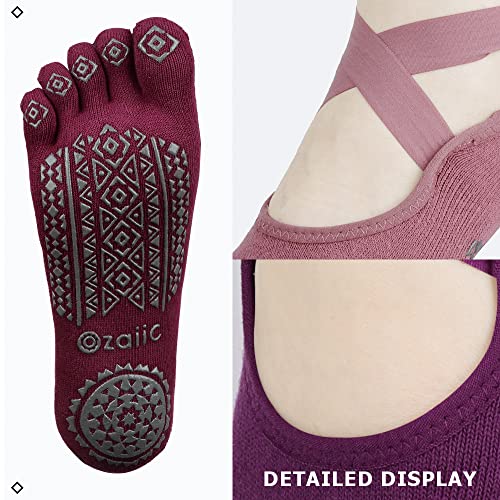Ozaiic Yoga Socks for Women with Grips, Non-Slip Five Toe Socks for Pilates, Barre, Ballet, Fitness (3 Pairs-Purple/Rose Red/Bean Red, One Size (Women 5.5-11)) - Image 5