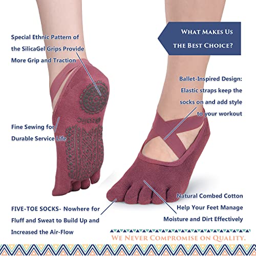 Ozaiic Yoga Socks for Women with Grips, Non-Slip Five Toe Socks for Pilates, Barre, Ballet, Fitness (3 Pairs-Purple/Rose Red/Bean Red, One Size (Women 5.5-11)) - Image 4