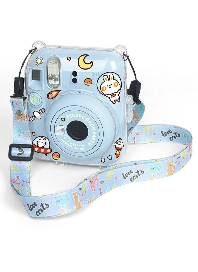 Fankalo - Clear Camera Case for Fujifilm Instax Mini 12 Instant Camera,Mini 12 Hard Case with Photo Pocket Holds on Back and Adjustable Shoulder Strap & Cute Camera Sticker (Blue) - Image 1