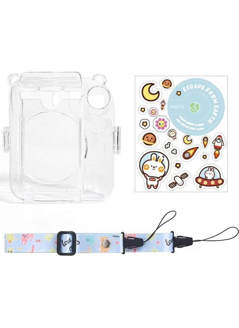 Fankalo - Clear Camera Case for Fujifilm Instax Mini 12 Instant Camera,Mini 12 Hard Case with Photo Pocket Holds on Back and Adjustable Shoulder Strap & Cute Camera Sticker (Blue) - Image 1