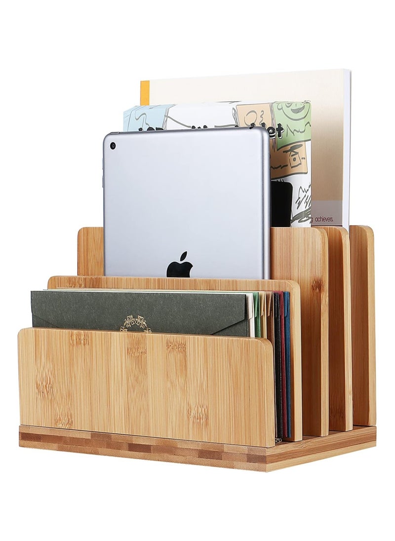 Generic - 100% Bamboo Desk File Organizer Countertop Mail Sort,4 Slots Desktop File Folder Holder Mail Organizer for Document Letter Envelope Mail Paper Folder Bill Filing - Image 1
