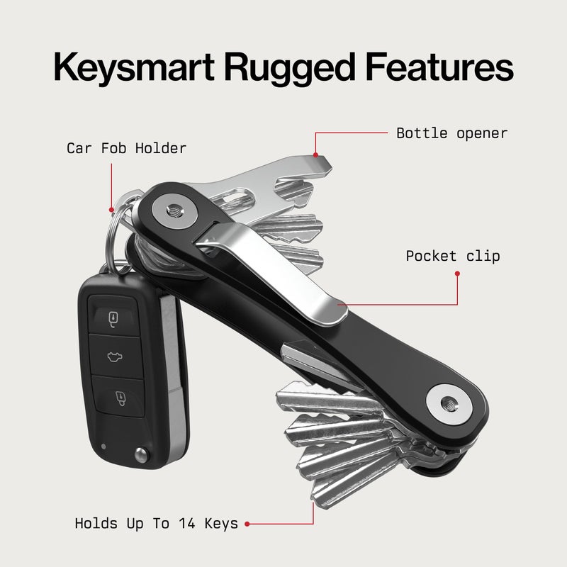 key smart KeySmart Rugged - Multitool Key Holder for Keychain w/Bottle Opener and Pocket Clip, Organizer for Keys, EDC Keychains, Ring for Car Fobs Key Chains, Expandable (Up to 14 Keys, Black) - Image 4