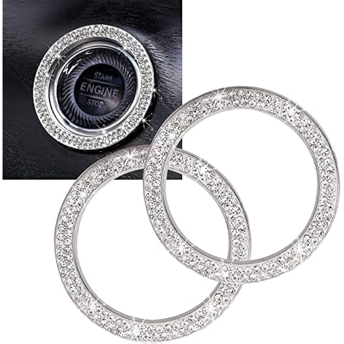 KASTWAVE Car Supplies OneKey Start Button Decorative Ring 2 Pcs DiamondSet Crystal Ignition Ring Car Volume Button Decorative Ring Bling Car Interior Accessory For Women Silver - Image 2