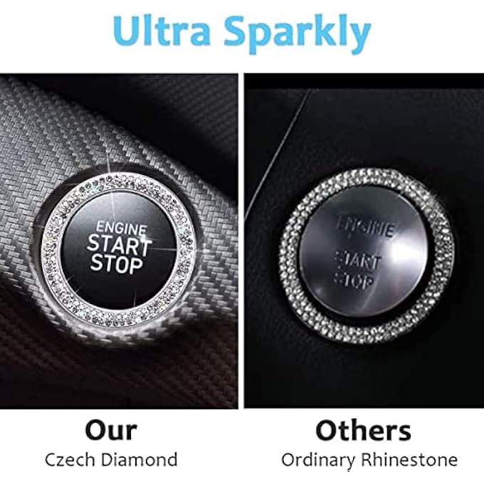 KASTWAVE Car Supplies OneKey Start Button Decorative Ring 2 Pcs DiamondSet Crystal Ignition Ring Car Volume Button Decorative Ring Bling Car Interior Accessory For Women Silver - Image 3