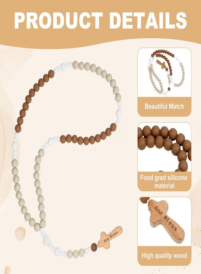 Resflyar Baby Rosary Baptism Gift, Silicone God Bless Kids First Rosary Catholic Cross Necklace 1st Year Baptism Party Supply for Baby Shower Christian Communion Gifts, Khaki, Flower - Image 3
