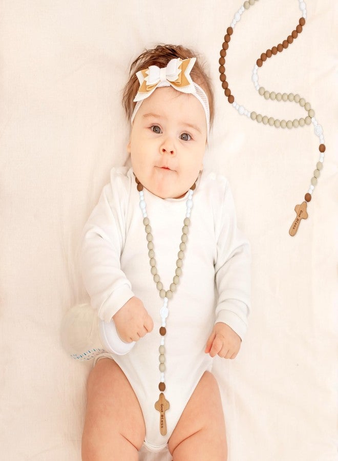 Resflyar Baby Rosary Baptism Gift, Silicone God Bless Kids First Rosary Catholic Cross Necklace 1st Year Baptism Party Supply for Baby Shower Christian Communion Gifts, Khaki, Flower - Image 4