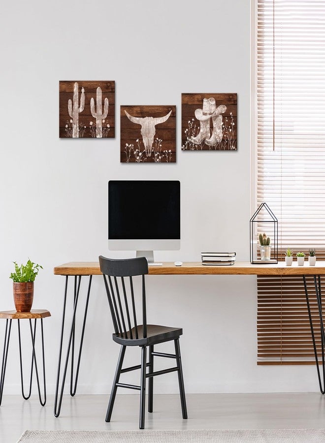 Visual Art Decor Western Wall Decor Cow Canvas Wall Art Cowboy Room Decor Picture Farmhouse Decoration, Framed 12x16inchx3Piece, Vintage Brown - Image 2