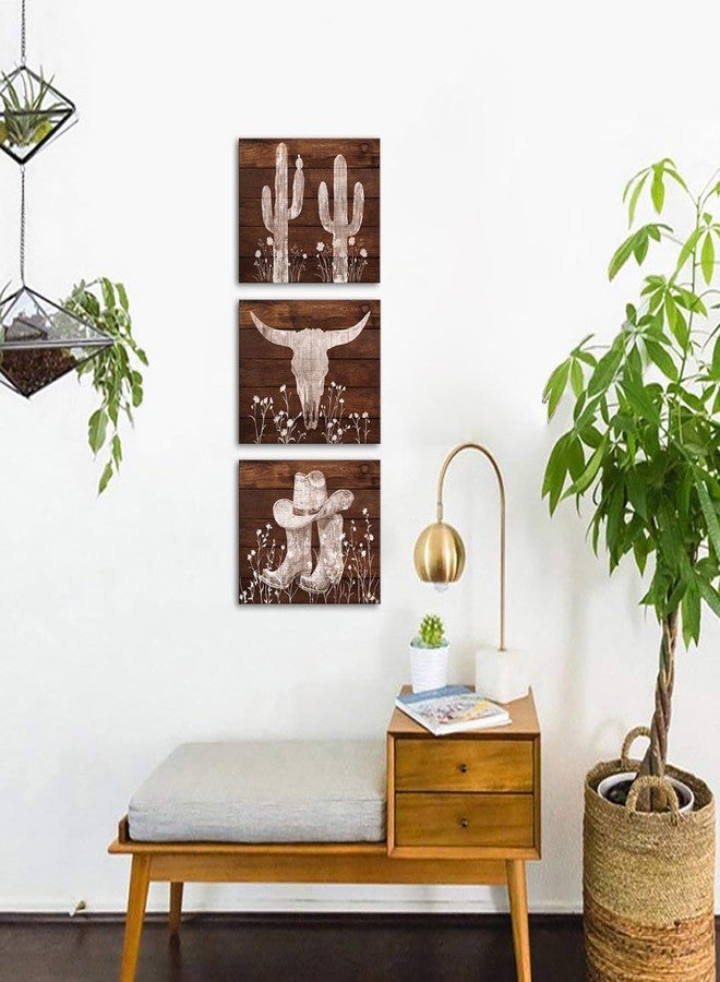 Visual Art Decor Western Wall Decor Cow Canvas Wall Art Cowboy Room Decor Picture Farmhouse Decoration, Framed 12x16inchx3Piece, Vintage Brown - Image 3