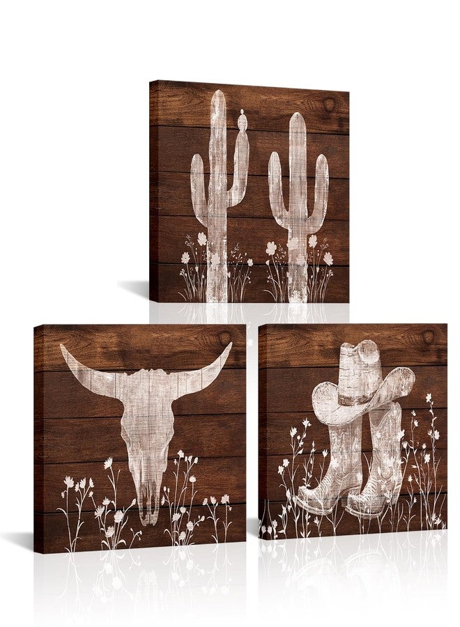 Visual Art Decor Western Wall Decor Cow Canvas Wall Art Cowboy Room Decor Picture Farmhouse Decoration, Framed 12x16inchx3Piece, Vintage Brown - Image 1