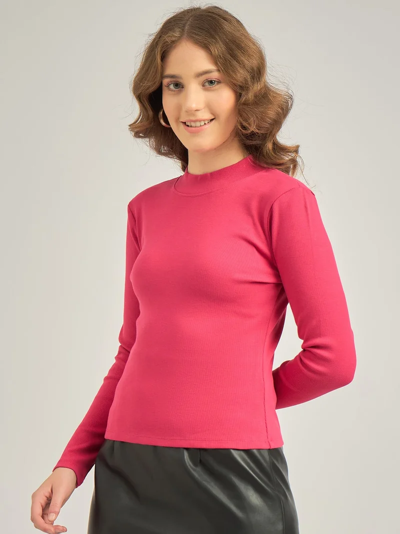 OUTZIDR Pink Basic Solid Fitted Ribbed Top