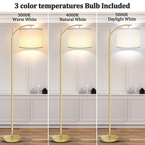 Rottogoon Floor Lamp for Living Room, LED Standing Lamp with 2 Lamp Shades Tall Industrial Floor Lamp Reading for Bedroom, Office, Study Room (9W LED Bulb, Beige & White Shades Included) -Gold - Image 2