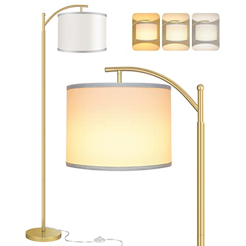 Rottogoon Floor Lamp for Living Room, LED Standing Lamp with 2 Lamp Shades Tall Industrial Floor Lamp Reading for Bedroom, Office, Study Room (9W LED Bulb, Beige & White Shades Included) -Gold - Image 1