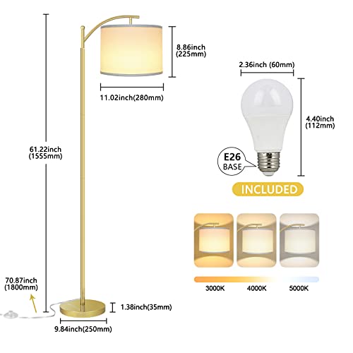 Rottogoon Floor Lamp for Living Room, LED Standing Lamp with 2 Lamp Shades Tall Industrial Floor Lamp Reading for Bedroom, Office, Study Room (9W LED Bulb, Beige & White Shades Included) -Gold - Image 4