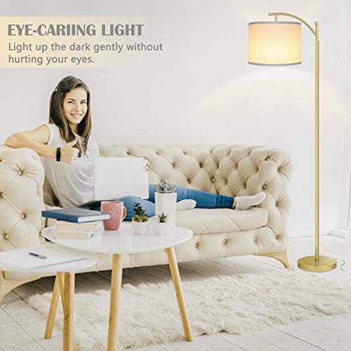 Rottogoon Floor Lamp for Living Room, LED Standing Lamp with 2 Lamp Shades Tall Industrial Floor Lamp Reading for Bedroom, Office, Study Room (9W LED Bulb, Beige & White Shades Included) -Gold - Image 5