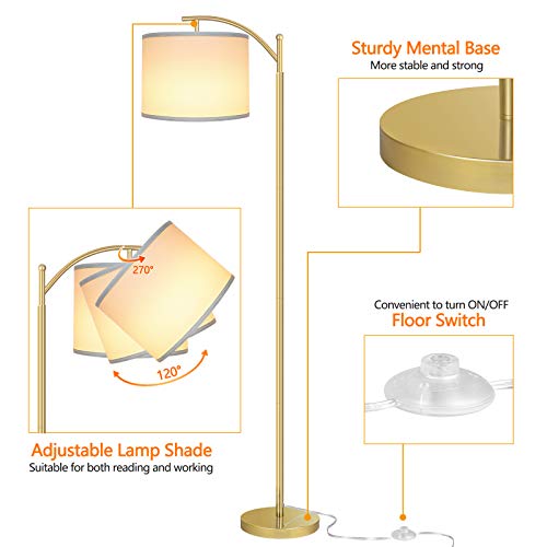 Rottogoon Floor Lamp for Living Room, LED Standing Lamp with 2 Lamp Shades Tall Industrial Floor Lamp Reading for Bedroom, Office, Study Room (9W LED Bulb, Beige & White Shades Included) -Gold - Image 3