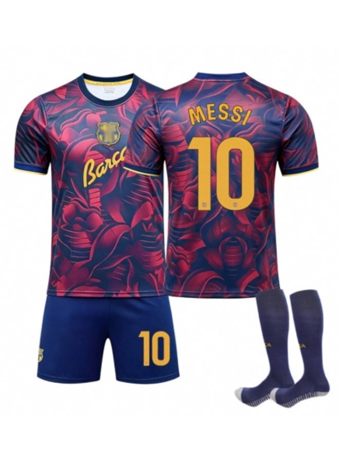 طقم قميص وشورت وجوارب برشلونة لكرة القدم لموسم 2026-2027، ميسي رقم 10، زي كرة قدم بمقاسات متعددة، طقم قصير الأكمام للمباريات والتدريبات.