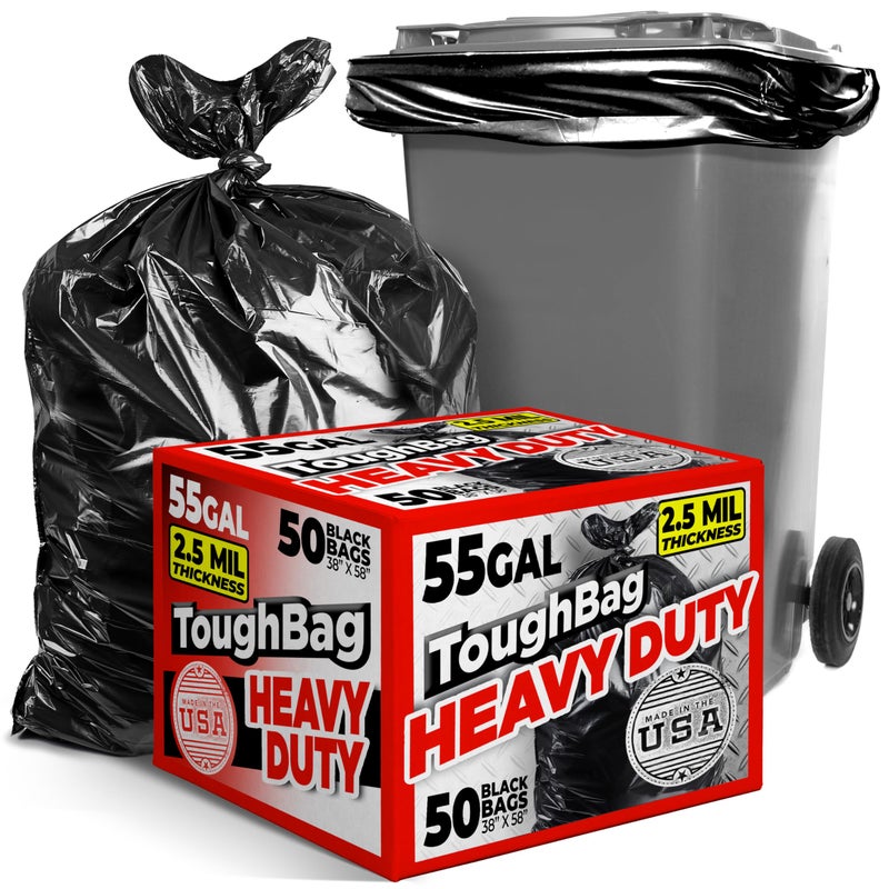 ToughBag 55 Gallon Trash Bags 25 Mil Contractor Bags 50 Count Large 5560 Gallon Trash Can Liners Black Contractor Garbage Bags 38 x 58 Made in USA