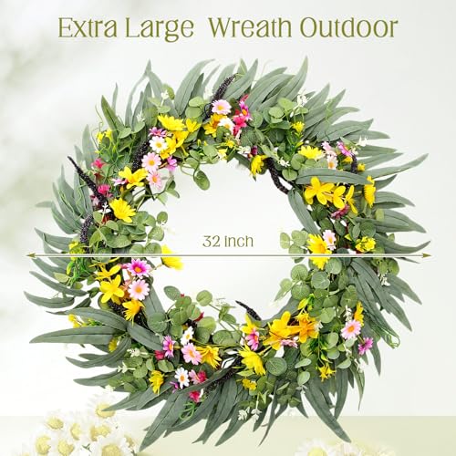 CraftyDream 32" Spring Summer Wreath for Front Door Extra Large Fake Floral Wreath with Eucalyptus Leaves, Lavender and Daisy for Window Farmhouse Festival Holiday Party Wedding Home Seasonal Decor - Image 2