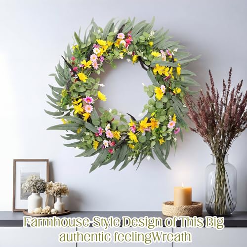 CraftyDream 32" Spring Summer Wreath for Front Door Extra Large Fake Floral Wreath with Eucalyptus Leaves, Lavender and Daisy for Window Farmhouse Festival Holiday Party Wedding Home Seasonal Decor - Image 4