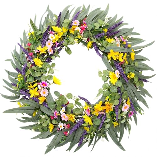 CraftyDream 32" Spring Summer Wreath for Front Door Extra Large Fake Floral Wreath with Eucalyptus Leaves, Lavender and Daisy for Window Farmhouse Festival Holiday Party Wedding Home Seasonal Decor - Image 1
