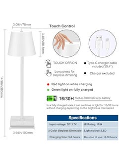 HOOKOR Cordless Table Lamp,Portable LED Desk Lamp Battery Operated Table Light 5000mAh 3 Color Dimming Rechargeable White Touch Lamps for Bedrooms Restaurant Bedroom Bars Camping (White)  - Image 2