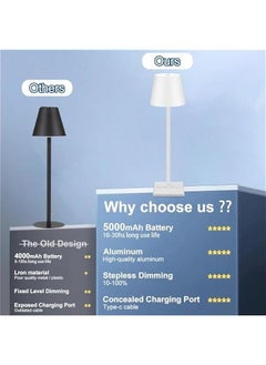 HOOKOR Cordless Table Lamp,Portable LED Desk Lamp Battery Operated Table Light 5000mAh 3 Color Dimming Rechargeable White Touch Lamps for Bedrooms Restaurant Bedroom Bars Camping (White)  - Image 5