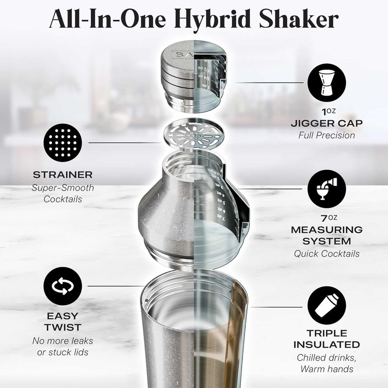 Bare Barrel Insulated Cocktail Shaker Set | Double Wall Stainless Steel | Martini Shaker for Home Bar Bartending | Built-in Drink Measurement System & Strainer, Travel Bag, 35 Recipes | Gift Set (Antique Silver) - Image 4