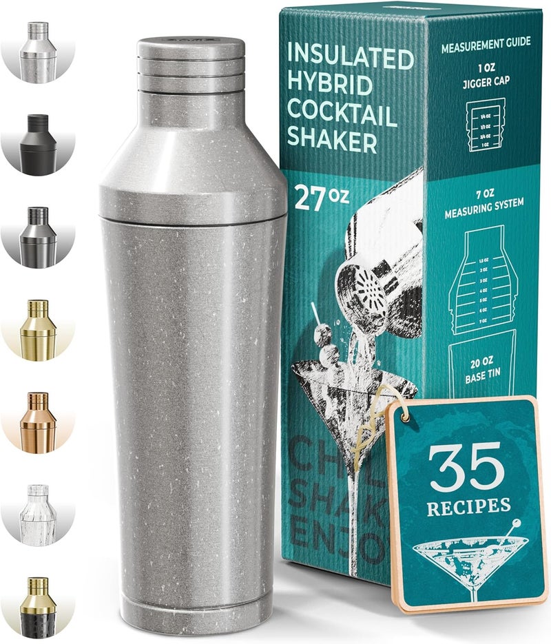 Bare Barrel Insulated Cocktail Shaker Set | Double Wall Stainless Steel | Martini Shaker for Home Bar Bartending | Built-in Drink Measurement System & Strainer, Travel Bag, 35 Recipes | Gift Set (Antique Silver) - Image 1