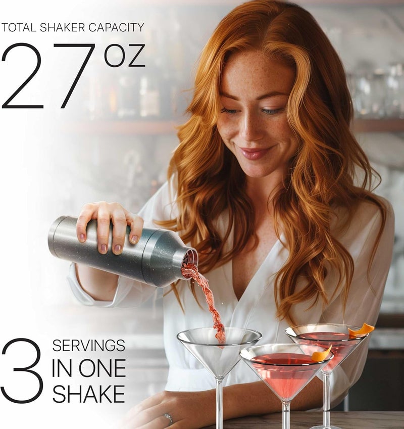 Bare Barrel Insulated Cocktail Shaker Set | Double Wall Stainless Steel | Martini Shaker for Home Bar Bartending | Built-in Drink Measurement System & Strainer, Travel Bag, 35 Recipes | Gift Set (Antique Silver) - Image 3