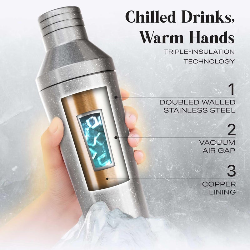 Bare Barrel Insulated Cocktail Shaker Set | Double Wall Stainless Steel | Martini Shaker for Home Bar Bartending | Built-in Drink Measurement System & Strainer, Travel Bag, 35 Recipes | Gift Set (Antique Silver) - Image 2