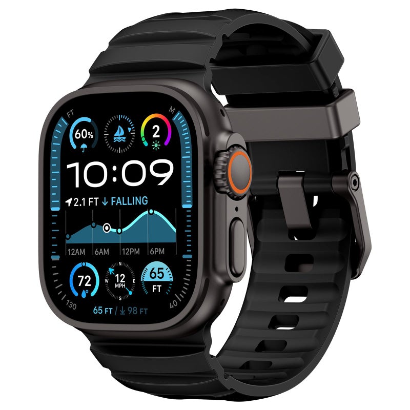 NewWays Sports Rugged Silicone Rubber Band for Apple Watch Ultra 2 49mm Series 10 46mm 45mm 44mm Rocky Point Band for iWatch Ultra Series 10 9 8 7 6 5 4 SE Black with Black Hardware