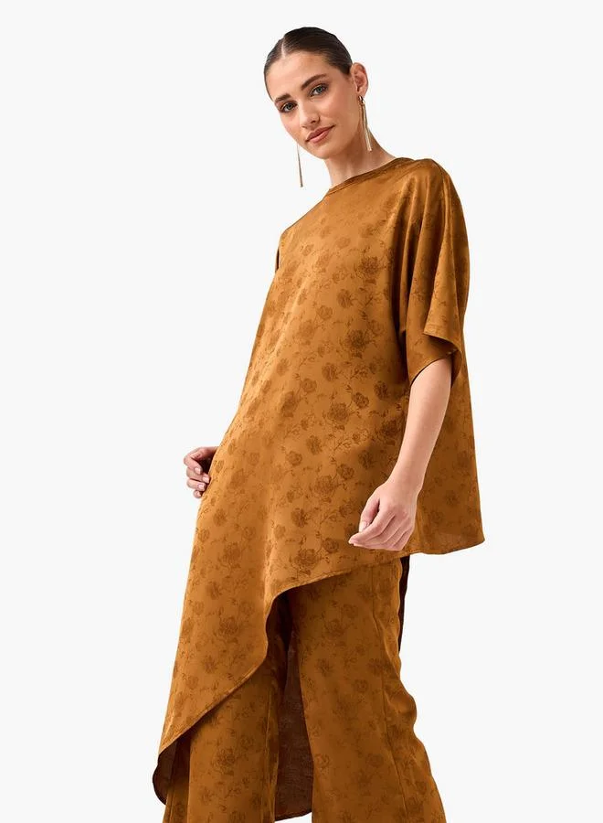 ايكونيك Iconic Jacquard Asymmetric Top with Floral Print