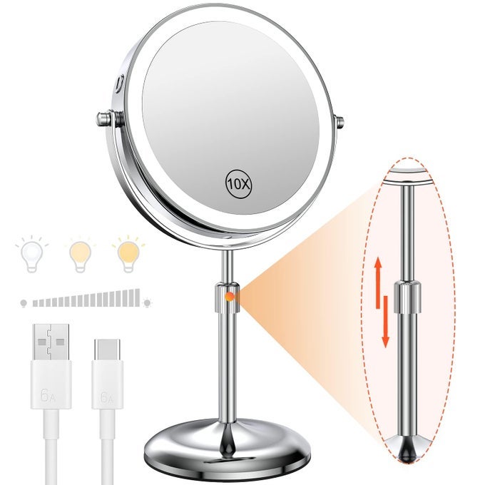 LIGHTED MAKEUP MIRROR WITH 10X MAGNIFICATION 3 COLOR LIGHTS ADJUSTABLE BRIGHTNESS HEIGHT 7 INCH 360 SWIVEL RECHARGEABLE LED MAGNIFYING MAKE UP VANITY MIRROR WITH LIGHTING SILVER