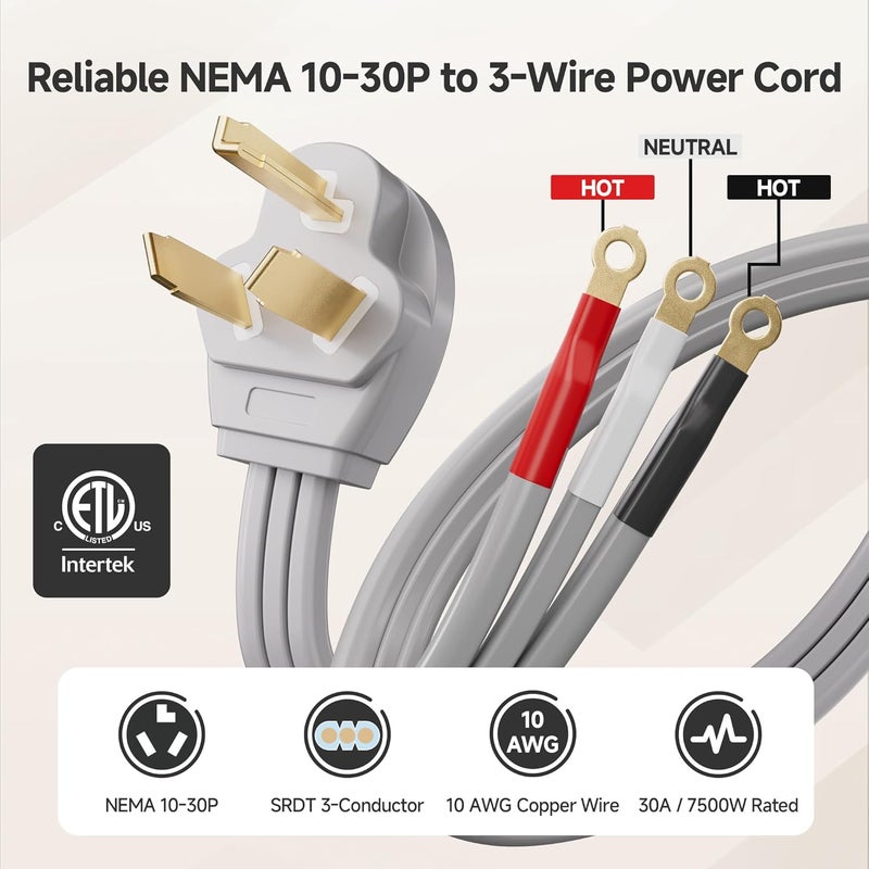 CableMatters 10 AWG 3 Prong Dryer Cord - 6ft, 30A / 7500W Rated, NEMA 10-30P to 3-Wire Appliance Cord, Dryer Plug 3 Prong, Gray - Image 2