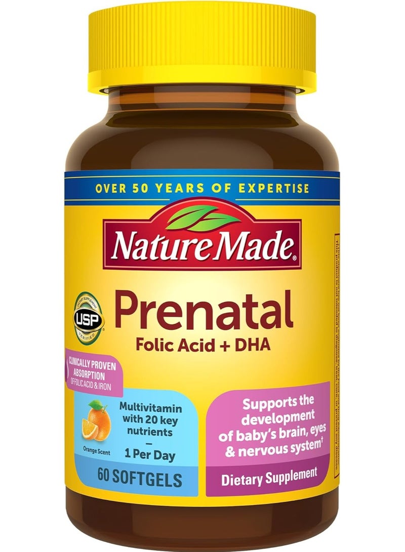 Nature Made مكمل غذائي قبل الولادة يحتوي على حمض الفوليك + حمض الدوكوساهيكسانويك، مكمل غذائي قبل الولادة يحتوي على فيتامينات ومعادن لدعم التغذية اليومية، 60 كبسولة هلامية، إمداد لمدة 60 يومًا - Image 1