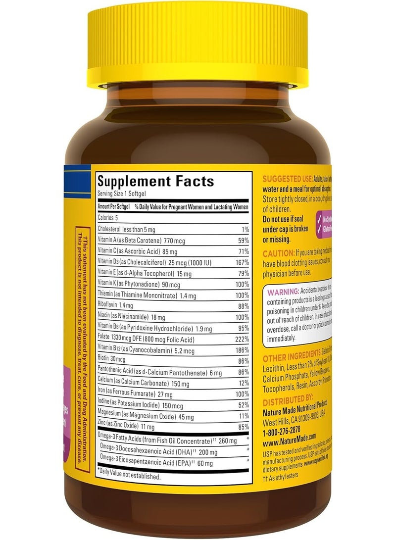 Nature Made مكمل غذائي قبل الولادة يحتوي على حمض الفوليك + حمض الدوكوساهيكسانويك، مكمل غذائي قبل الولادة يحتوي على فيتامينات ومعادن لدعم التغذية اليومية، 60 كبسولة هلامية، إمداد لمدة 60 يومًا - Image 2