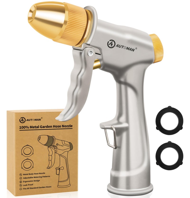 AUTOMAN Garden Hose Nozzle Sprayer - High Pressure 100% Metal Water Spray Nozzle With 4 Patterns - Heavy Duty for Watering Plants, Lawns, Washing Cars & Pets - Image 1