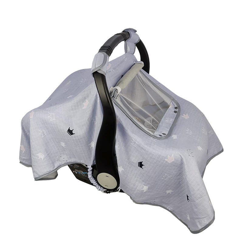 ICOPUCA Car seat Covers for Babies, Kick-Proof carseat Cover boy Girls, carseat Canopy with Window, Light Weight Muslin, fit Summer/Autumn/Spring, Neutral, Grey Crown; - Image 1