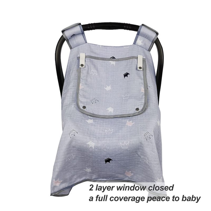 ICOPUCA Car seat Covers for Babies, Kick-Proof carseat Cover boy Girls, carseat Canopy with Window, Light Weight Muslin, fit Summer/Autumn/Spring, Neutral, Grey Crown; - Image 2
