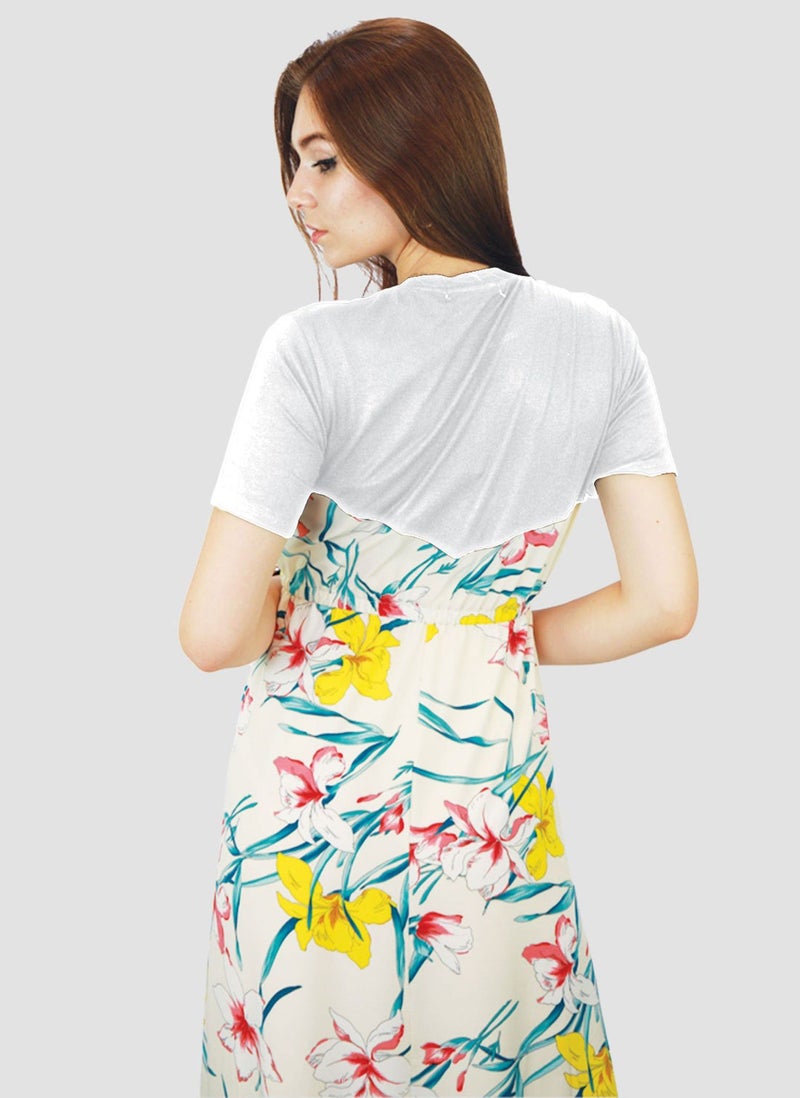 Kidwala Women'S Long White Dress, White & Floral Colorful Bottom, Round Neckline Design Dress, Short Length Sleeves, Maxi Dress With Elastic Waistband, Evening Dress - Image 3