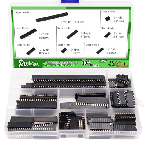 Ruibapa 104 PCS 2.54mm 2.54mm Male and Female Pin Header Connector Assortment Kit Includes 4、6、8、10、12、16、20、40Pin Straight Single Row PCB Board Pin Header - Image 1