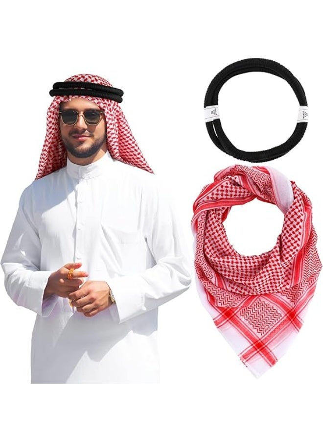 Men Arab Kafiya Headscarf with Aqel Rope, Muslim Desert Keffiyeh Dubai Casual Headwear Scarf Neck Wrap Head Cover Turban Cap with Aqel Rope, Red - Image 1