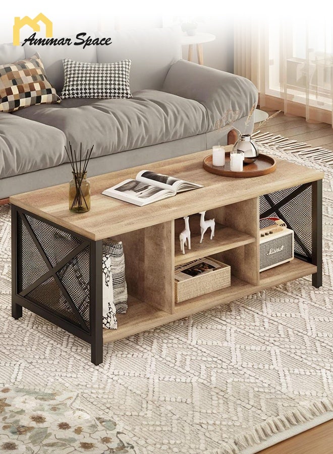 مساحة عمار طاولة وسط غرفة المعيشة مستطيلة الشكل مصنوعة من الخشب، بمقاس 110*50*45، وطاولة قهوة من طبقتين مع رف تخزين مفتوح، وطاولات صناعية - Image 1