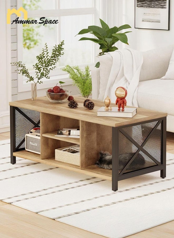 مساحة عمار طاولة وسط غرفة المعيشة مستطيلة الشكل مصنوعة من الخشب، بمقاس 110*50*45، وطاولة قهوة من طبقتين مع رف تخزين مفتوح، وطاولات صناعية - Image 2